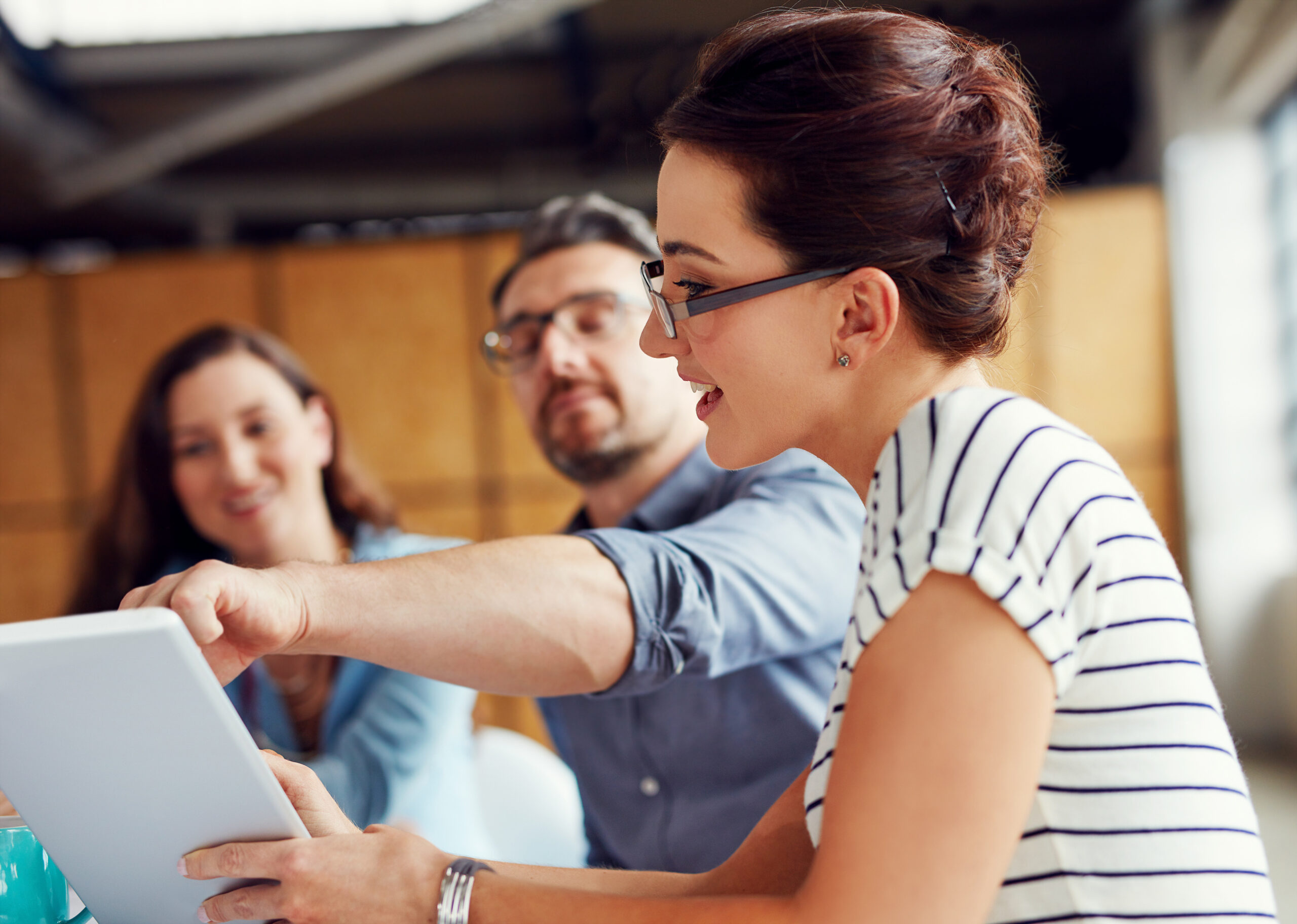 employees teamwork smile tablet office meeting business collaboration ideas web designer people coworking happy boardroom website review creative project